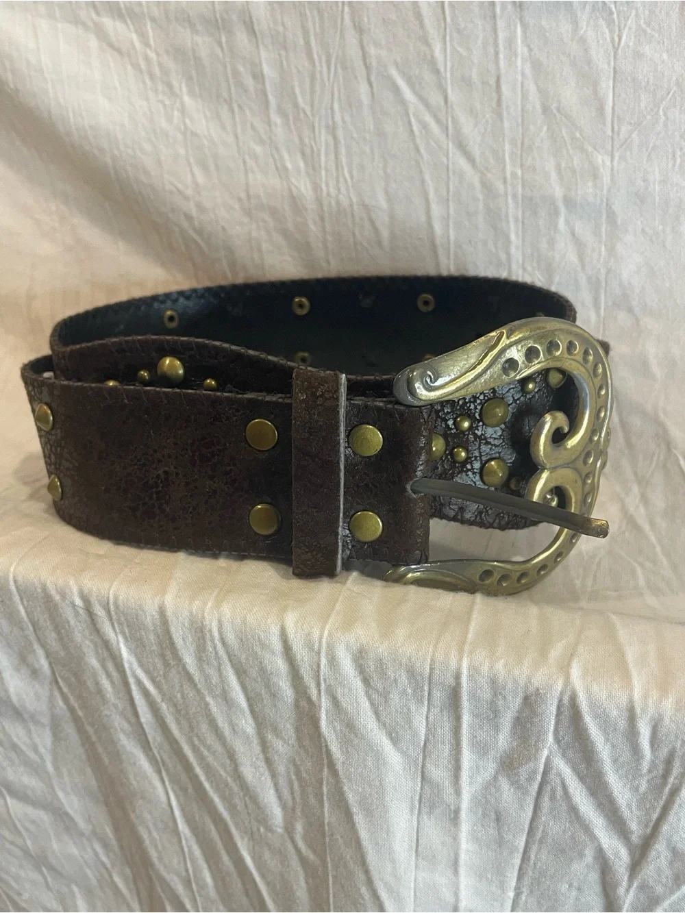 Y2K Boho Western Brown Studded Belt Rhinestone Buckle Coastal Cowgirl